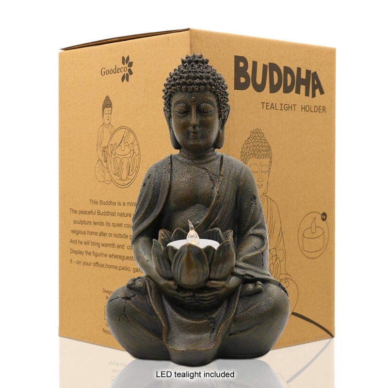 Goodeco Meditation Small Buddha Statue Figurine -Buddha with LED Tea Lights Candle Holder,Gift idea,Zen Home Decor Meditation Accessories 8" - Image 1